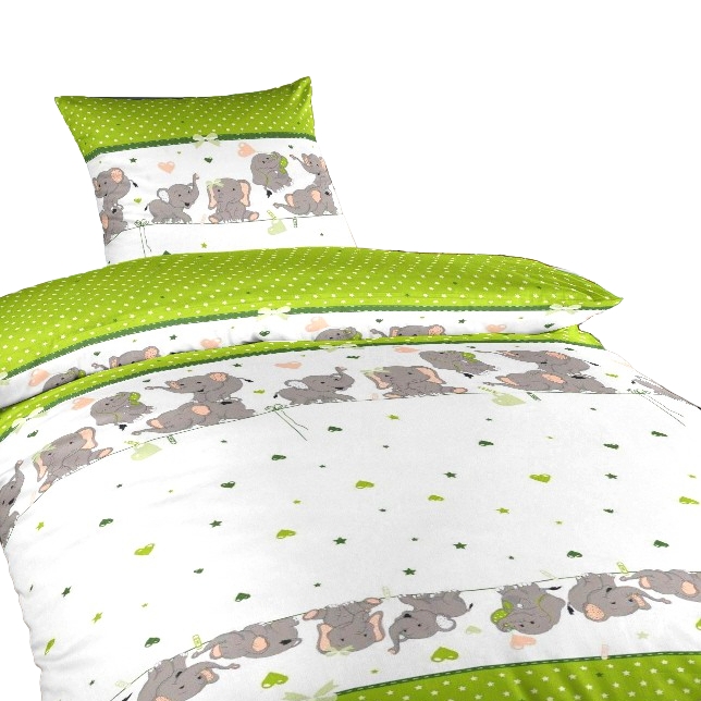 Povlečení bavlna do postýlky Sloni kiwi 90x130 + 45x60 cm zelená-bílá