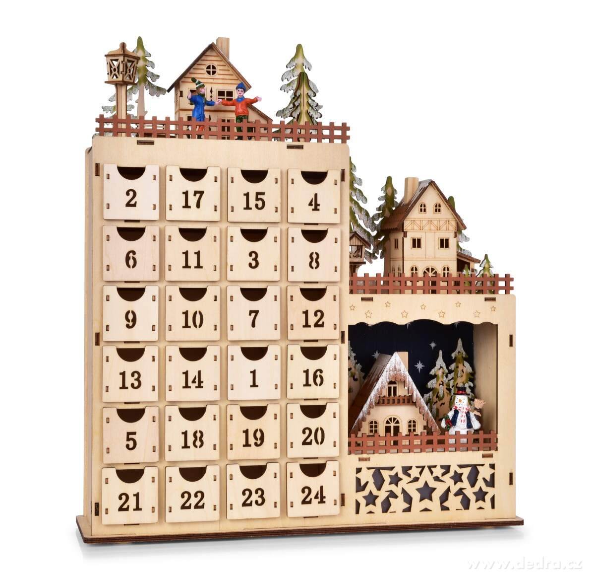 Opulentně zdobený adventní dřevěný kalendář s LED osvětlením 43cm